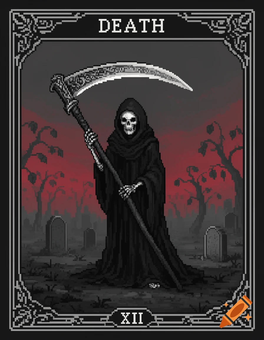 A pixelated tarot card depicting Death as the Grim Reaper holding a scythe in a graveyard, with a red sky. The card reads 'DEATH' at the top and 'XII' at the bottom.