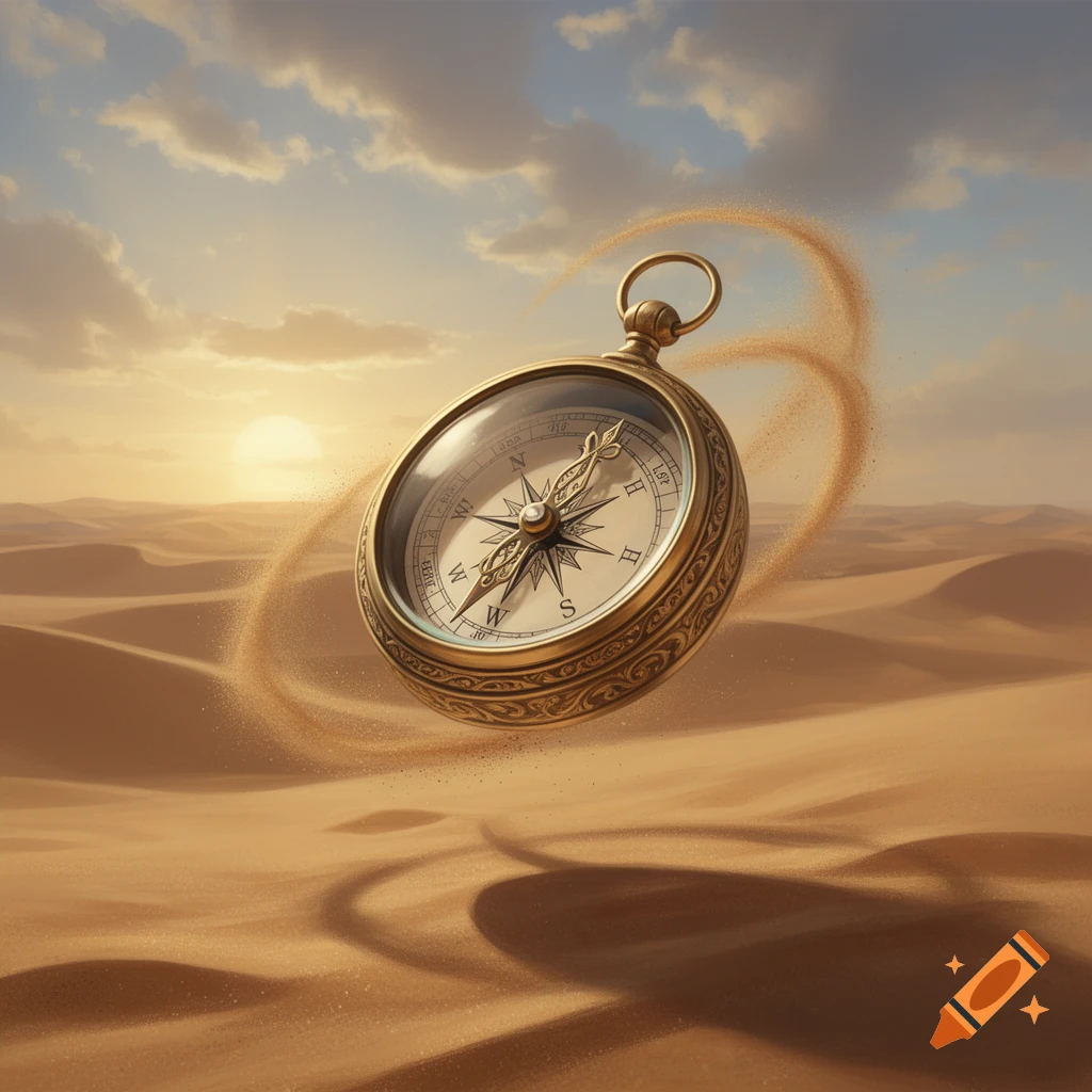 A golden compass floats over a vast desert at sunset, surrounded by swirling sand.