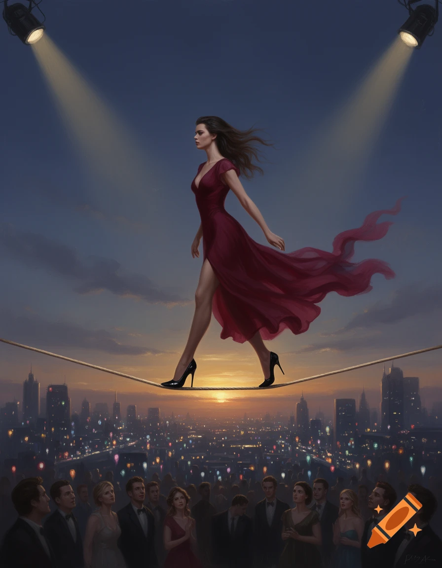 A woman in a red dress walks a tightrope above a city skyline at sunset ...