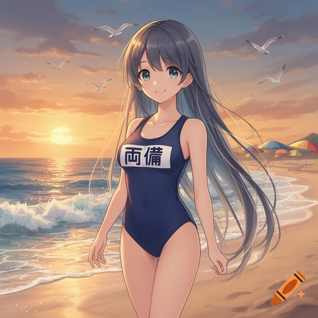 An anime girl with long dark hair, wearing a navy blue one-piece swimsuit with Japanese text, walks on a beach during sunset.
