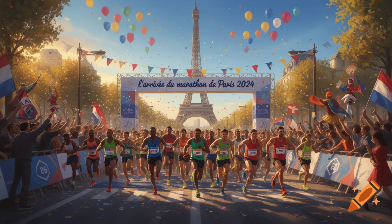 Runners cross the finish line of the Paris Marathon 2024, with the Eiffel Tower, cheering crowds, confetti, and balloons.