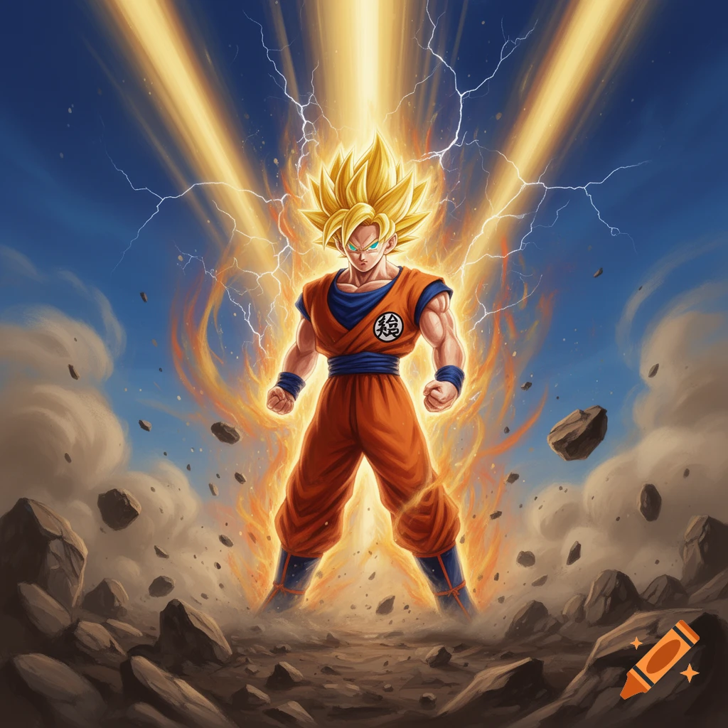 Goku in Super Saiyan form, glowing with a golden aura and lightning, standing on a rocky ground under a blue sky.