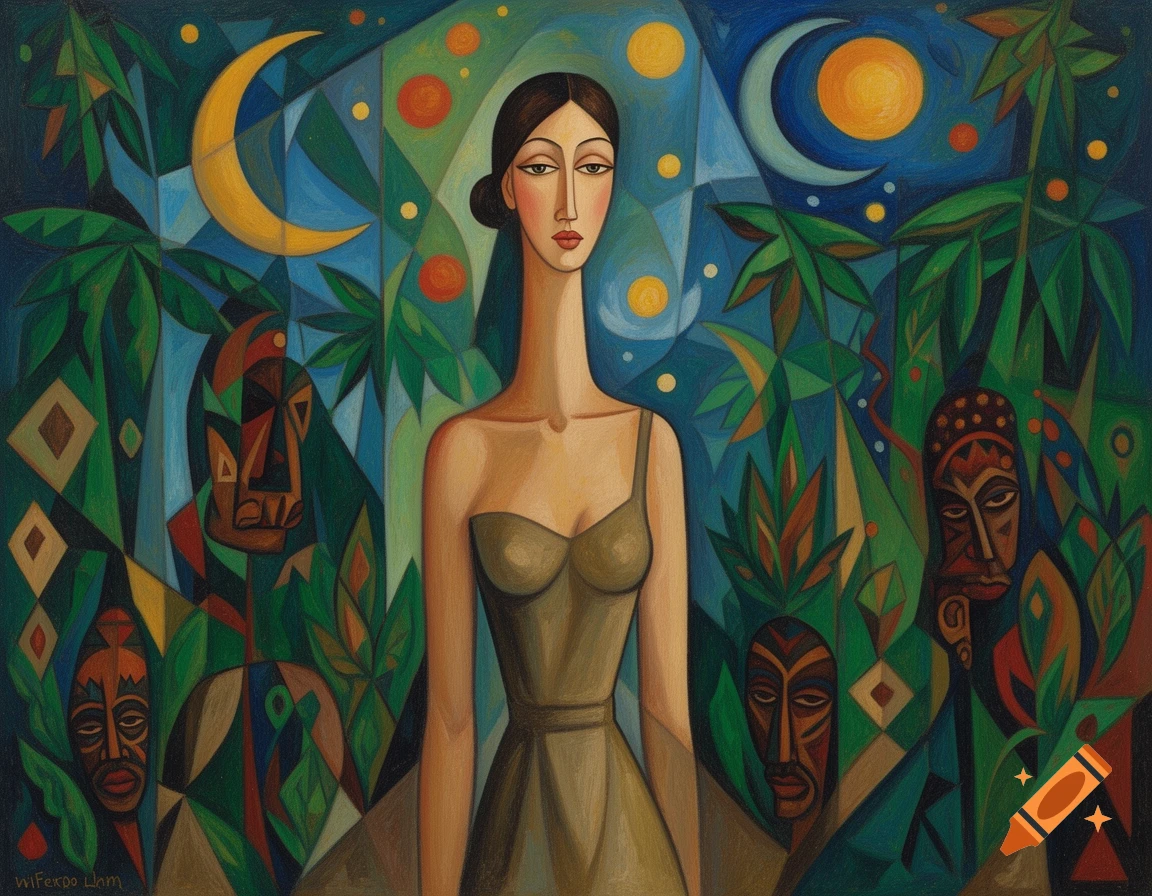A cubist painting of a woman with an elongated neck, surrounded by jungle plants, tribal masks, and crescent moons.