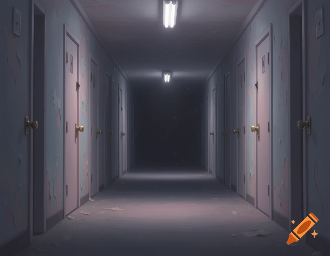 A long, dimly lit hallway with peeling paint on walls and numerous doors leading into darkness, creating an eerie liminal space.