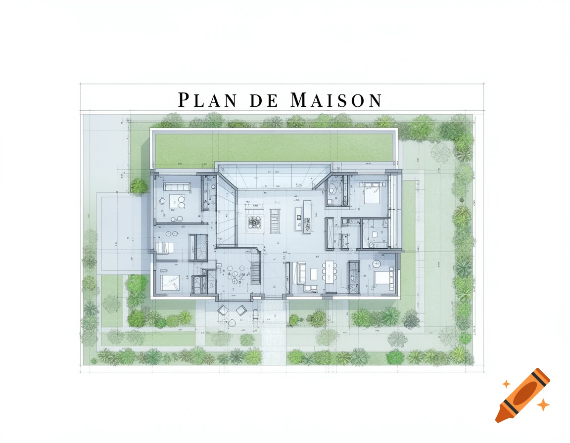 An overhead architectural plan of a modern house with a green roof, garden, and interior room layouts.