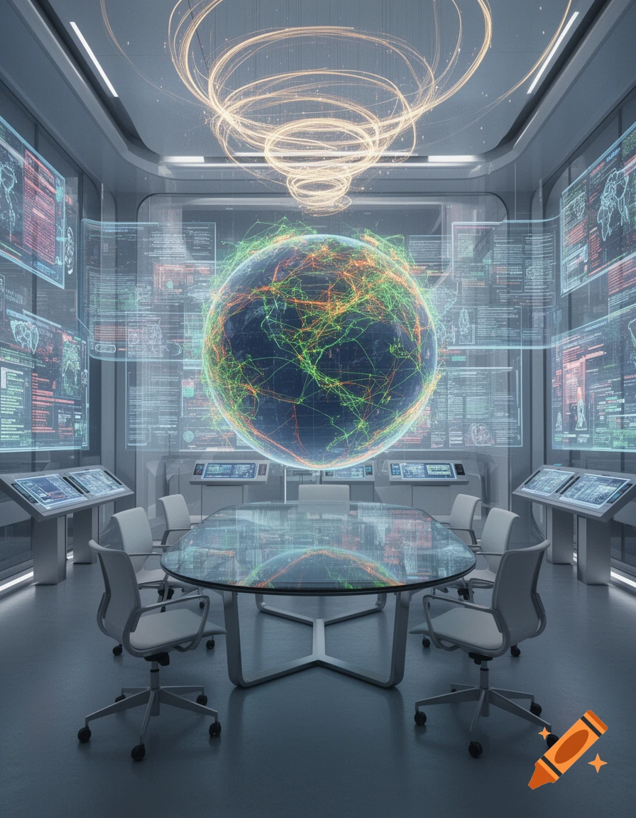 A futuristic control room with a glowing data globe at the center of a glass table, surrounded by holographic screens displaying complex information and light swirls above.