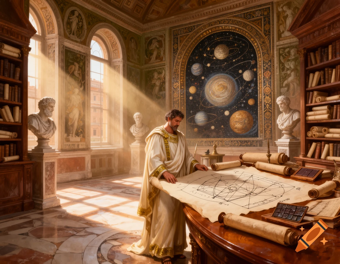 A man in classical Roman attire studies a large celestial map on a table in a grand library, bathed in sunlight from arched windows.