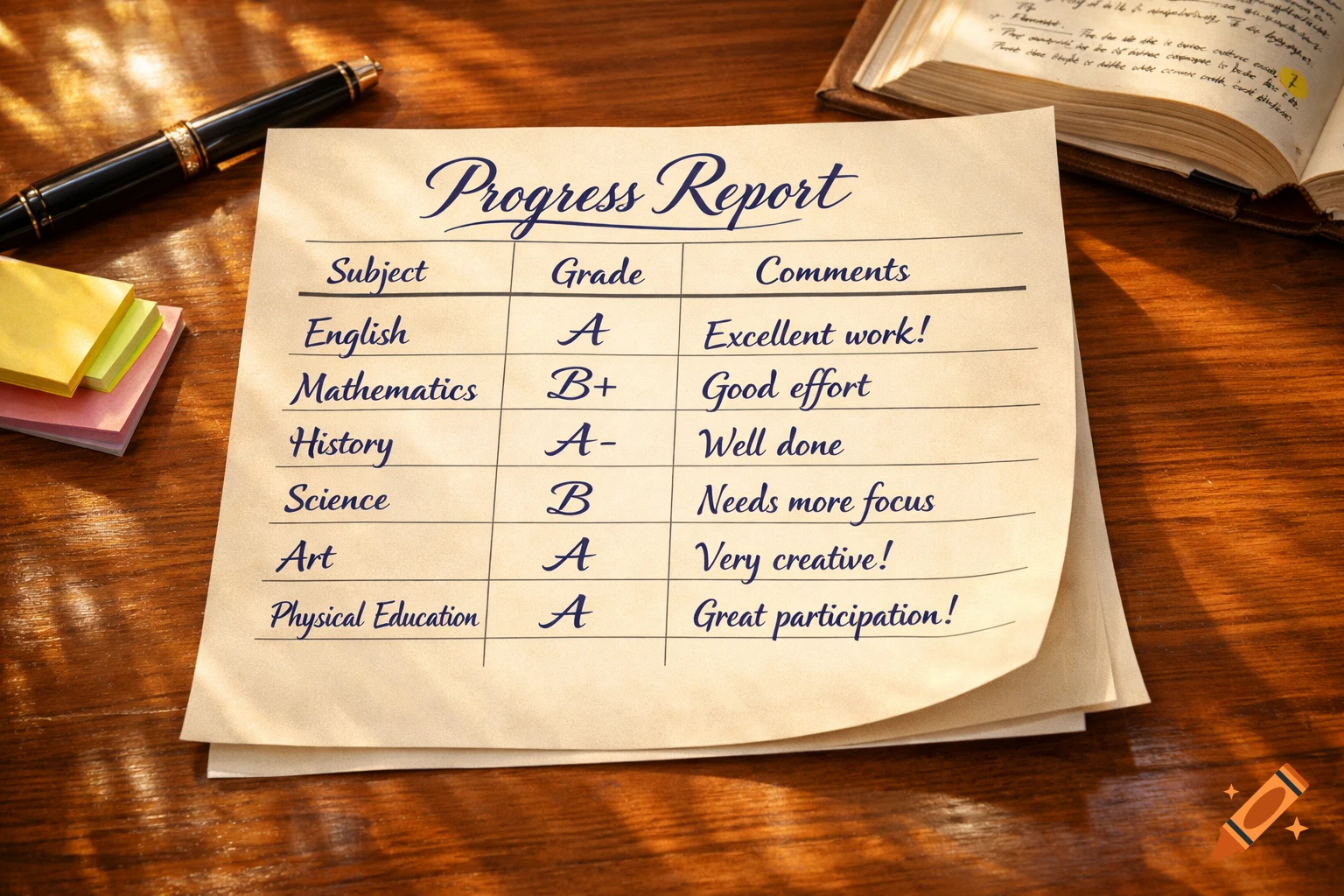 A student's progress report card with grades and comments on a wooden desk, next to a pen and an open book.