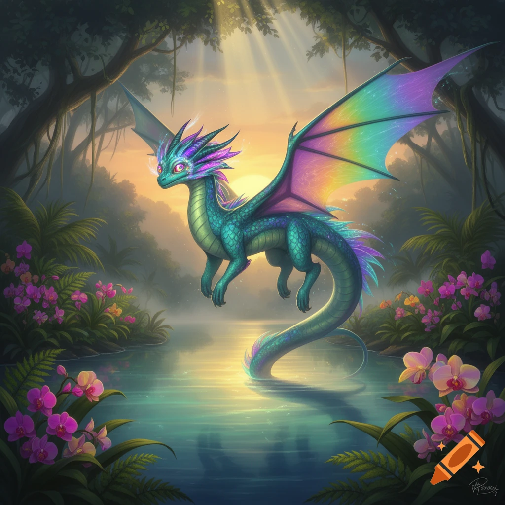 A vibrant teal and purple dragon with rainbow wings hovers over a ...