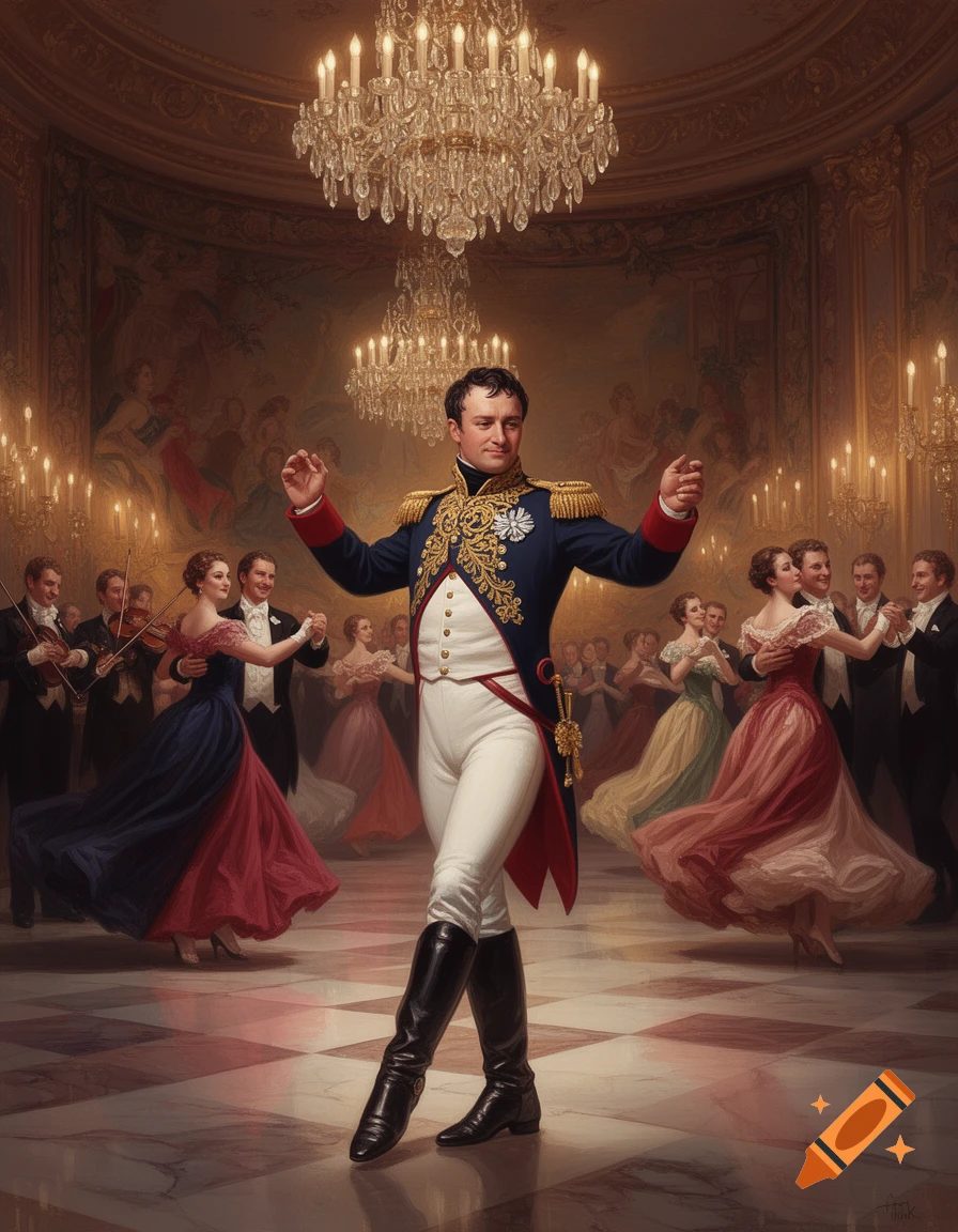 A man in a military uniform dances in a grand ballroom filled with other dancers and ornate chandeliers.