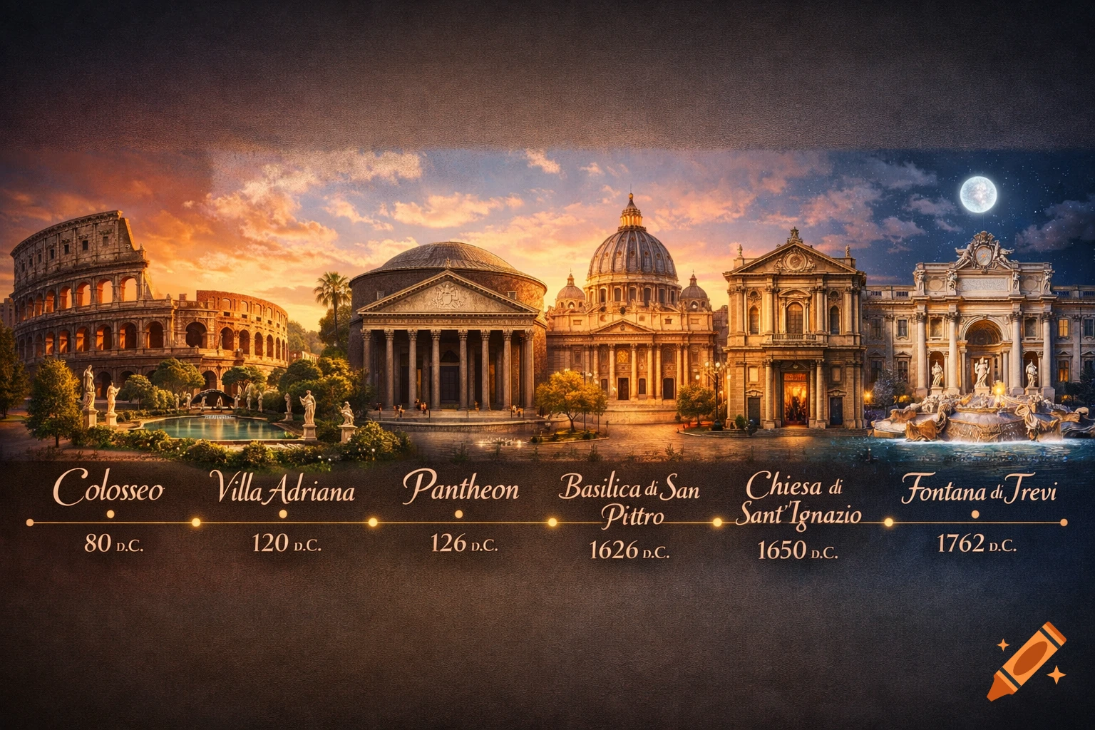 A timeline of famous Roman landmarks from left to right: Colosseum, Hadrian's Villa, Pantheon, St. Peter's Basilica, Church of St. Ignatius, and Trevi Fountain, under a changing sky from sunset to night.