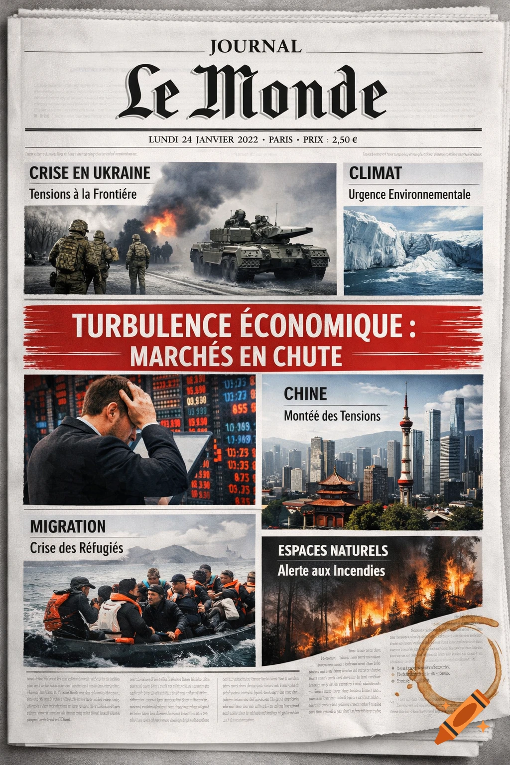 A newspaper front page with the title 'Le Monde' and various headlines covering global issues like war in Ukraine, climate change, economic turbulence, migration, and forest fires.