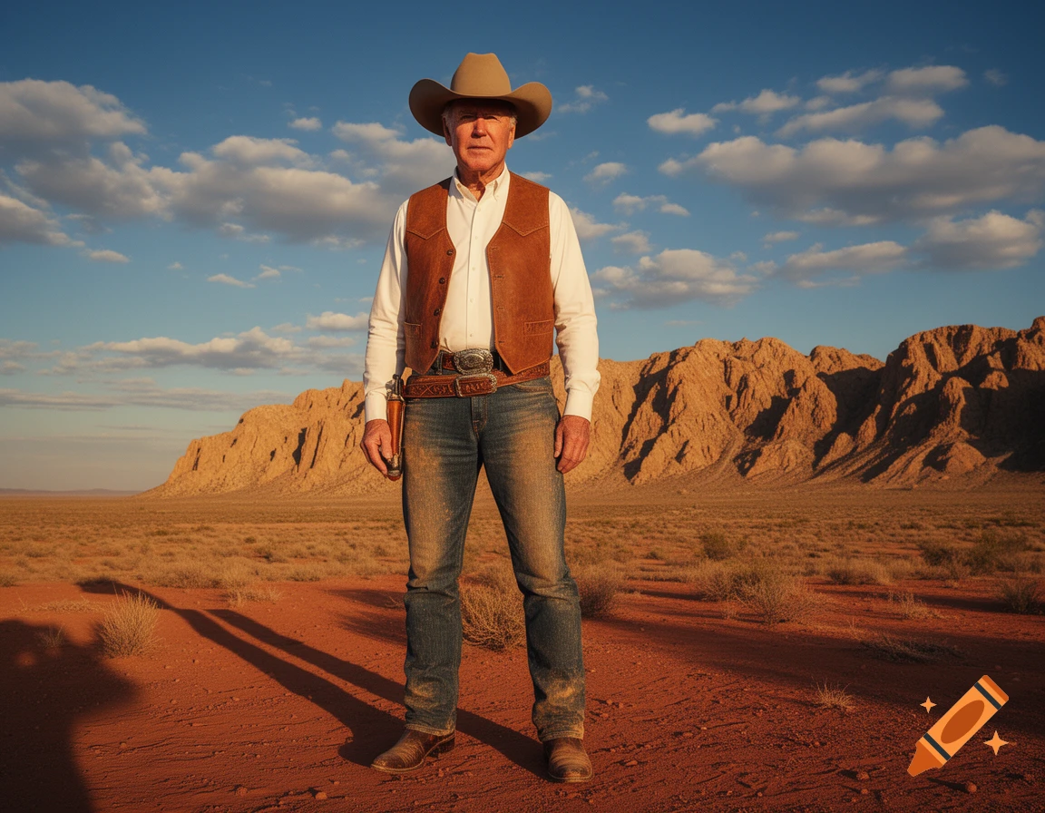 Photorealistic image of Joe Biden dressed as a cowboy, standing in a vast desert landscape with rocky mountains under a blue sky.