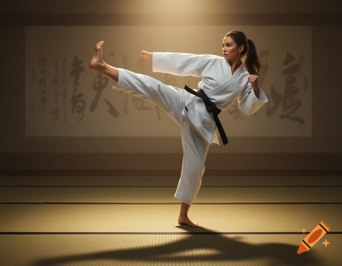 A woman in a white karate gi with a black belt performs a high kick on a tatami mat with calligraphy on the wall.