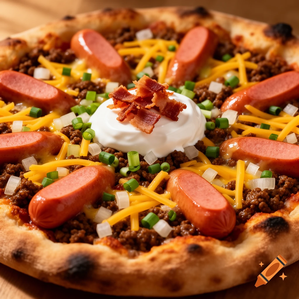 A realistic pizza topped with chili, hot dogs, shredded cheese, diced onions, green onions, sour cream, and bacon bits.