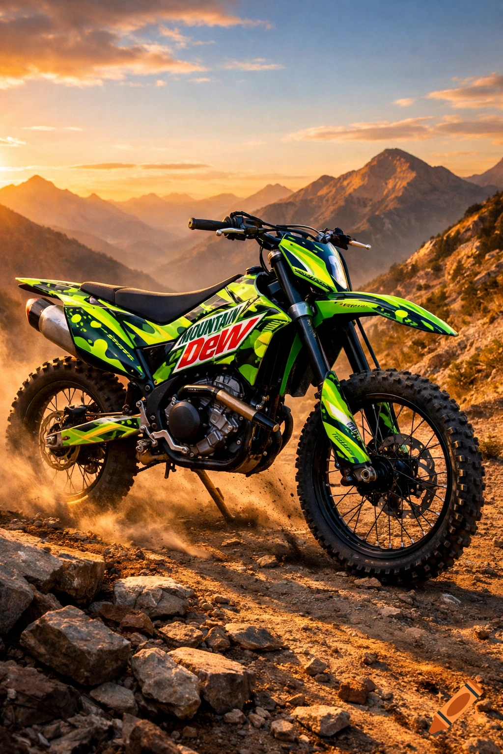 Vibrant green Mountain Dew-themed dirt bike kicks up dust on a rocky mountain trail at sunset.