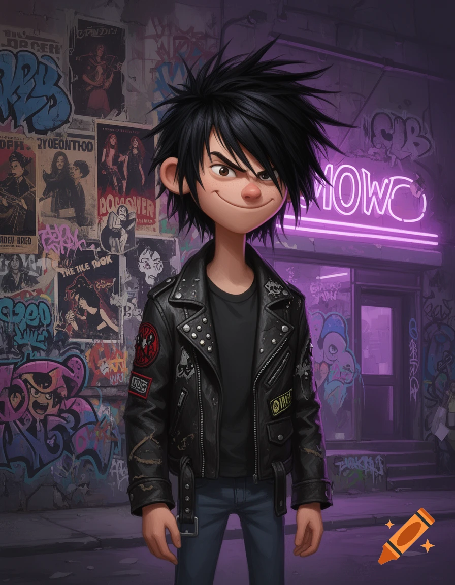 A mischievous cartoon boy with spiky black hair and a studded leather jacket smiles in front of a graffiti-covered wall with neon lights.