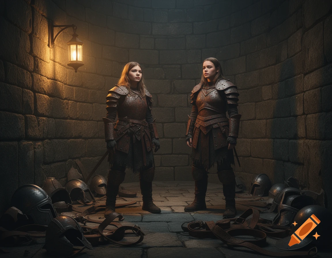 Two young women in rusted fantasy armor stand in a dim stone tower room, surrounded by scattered helmets and belts, lit by a lantern.