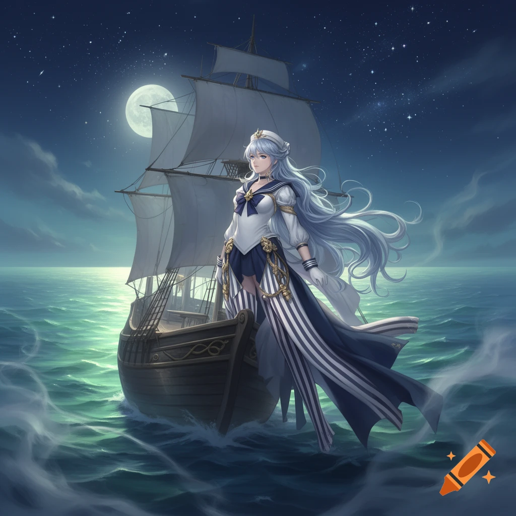 Anime girl with long light blue hair in a sailor dress stands on a wooden sailing ship at night under a full moon and starry sky.