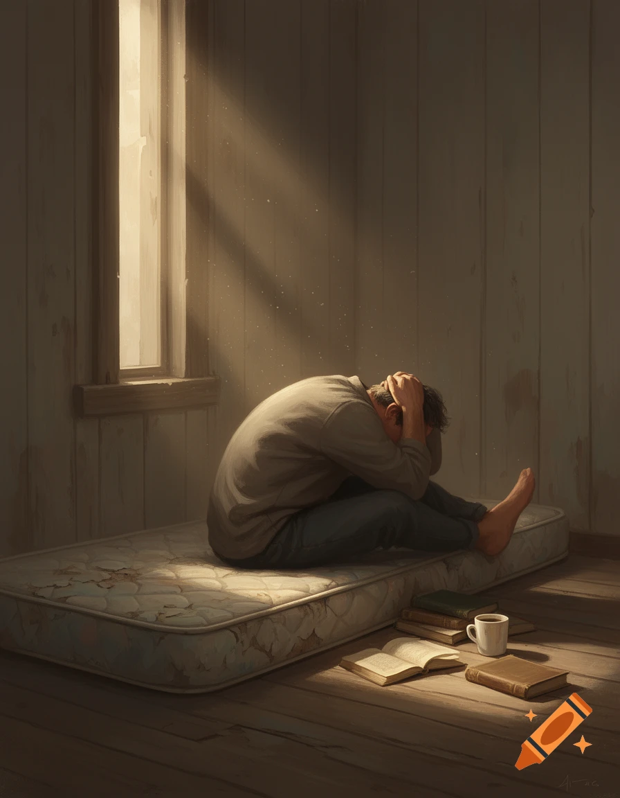 A person sits hunched on a worn mattress, head in hands, in a stark room with sunlight streaming through a window. Books and a coffee cup are on the wooden floor.