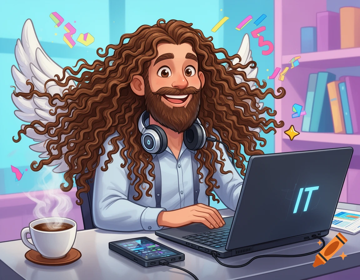 A smiling cartoon man with long curly hair, a beard, and angel wings wears a headset while working on a laptop with "IT" on the screen. A coffee cup and phone are on the desk.