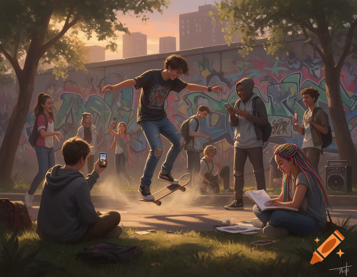 A diverse group of teenagers hangs out by a graffiti-covered wall at sunset, watching a boy skateboarding mid-air.