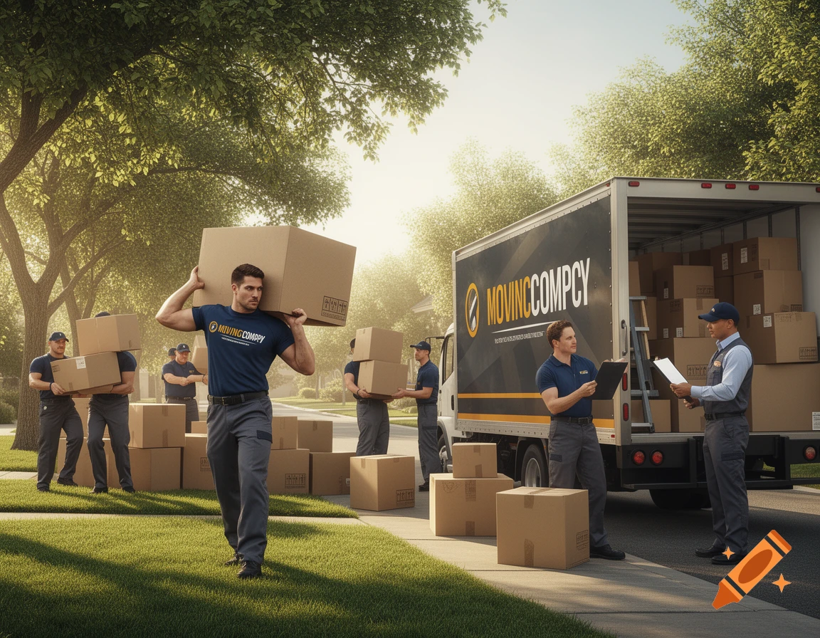Men from a moving company unload cardboard boxes from a large moving truck onto a lawn and sidewalk, with two men checking a clipboard near the truck's open rear.