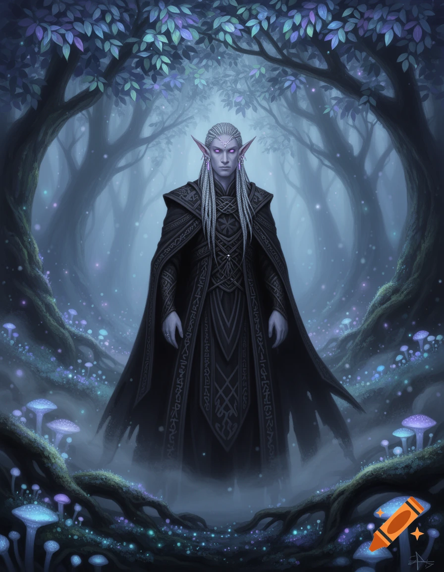 A male elf with long white braided hair and glowing purple eyes stands in a dark, mystical forest with glowing mushrooms.