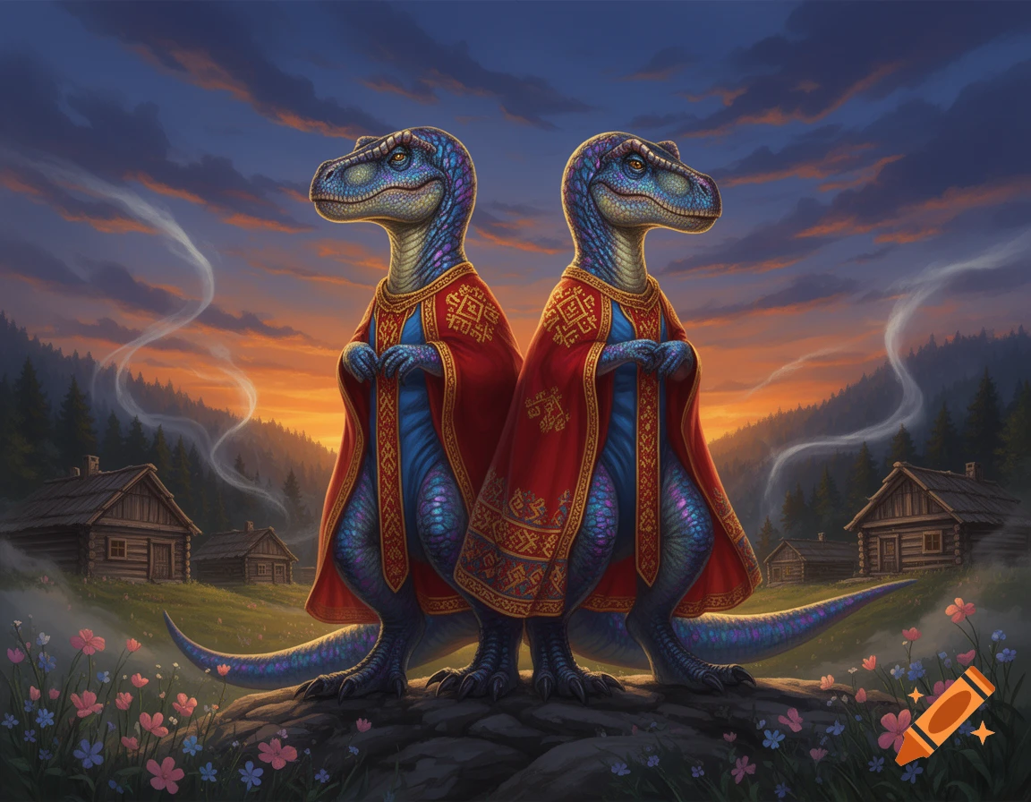Two blue dinosaurs in ornate red cloaks stand back-to-back in a field with wildflowers and wooden houses under a sunset sky.
