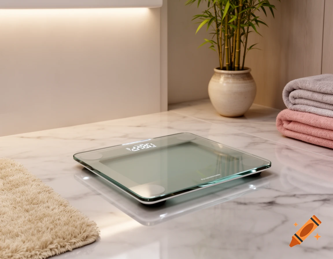 A modern glass digital bathroom scale sits on a white marble counter next to folded towels and a potted plant.