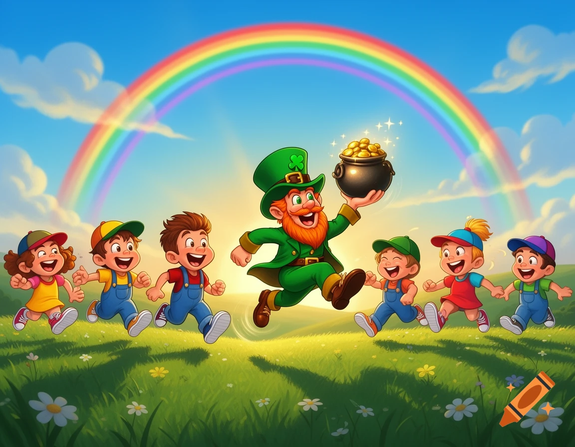 A joyful cartoon leprechaun jumps with a pot of gold, chased by happy children under a vibrant rainbow in a green field.