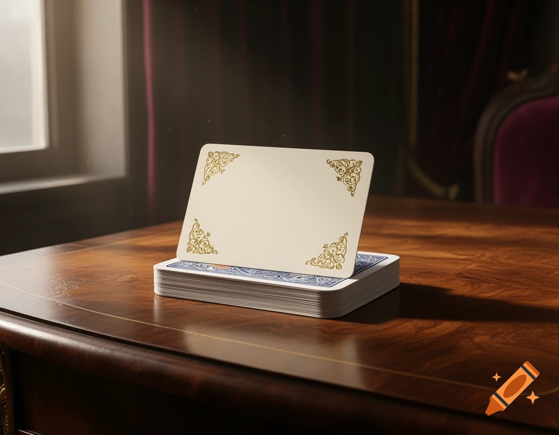 A blank place card with gold corner designs stands on a deck of face-down playing cards on a polished wooden table.