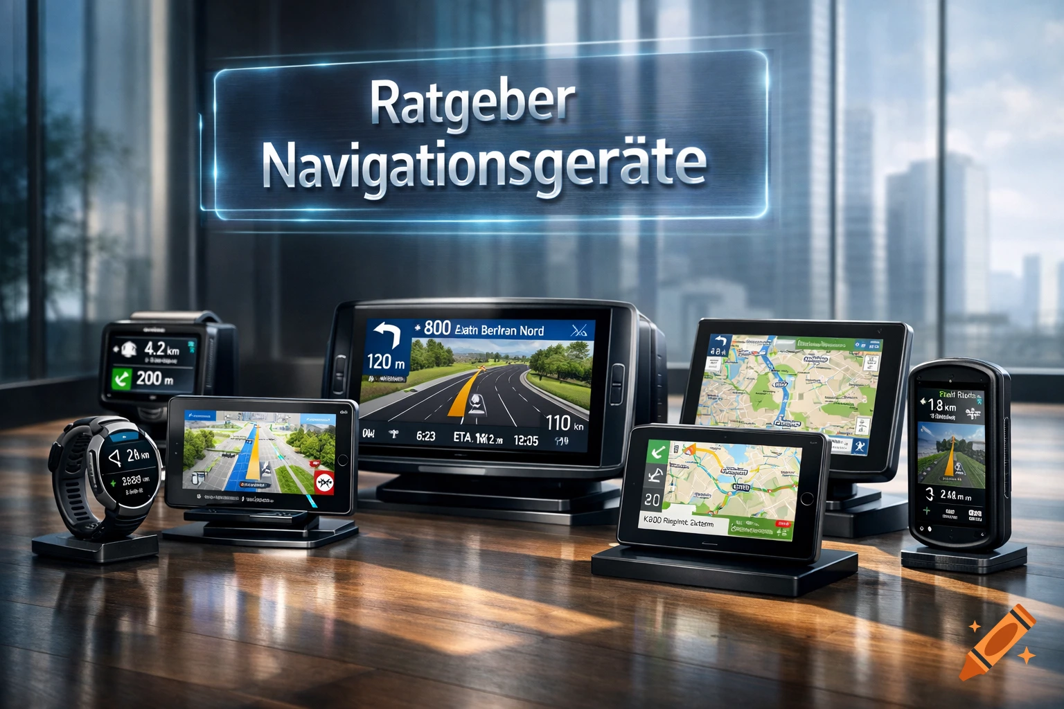 A collection of various navigation devices, including GPS units, tablets, and a smartwatch, displaying maps and route information on a wooden surface, with a glowing title banner above reading "Ratgeber Navigationsgeräte".