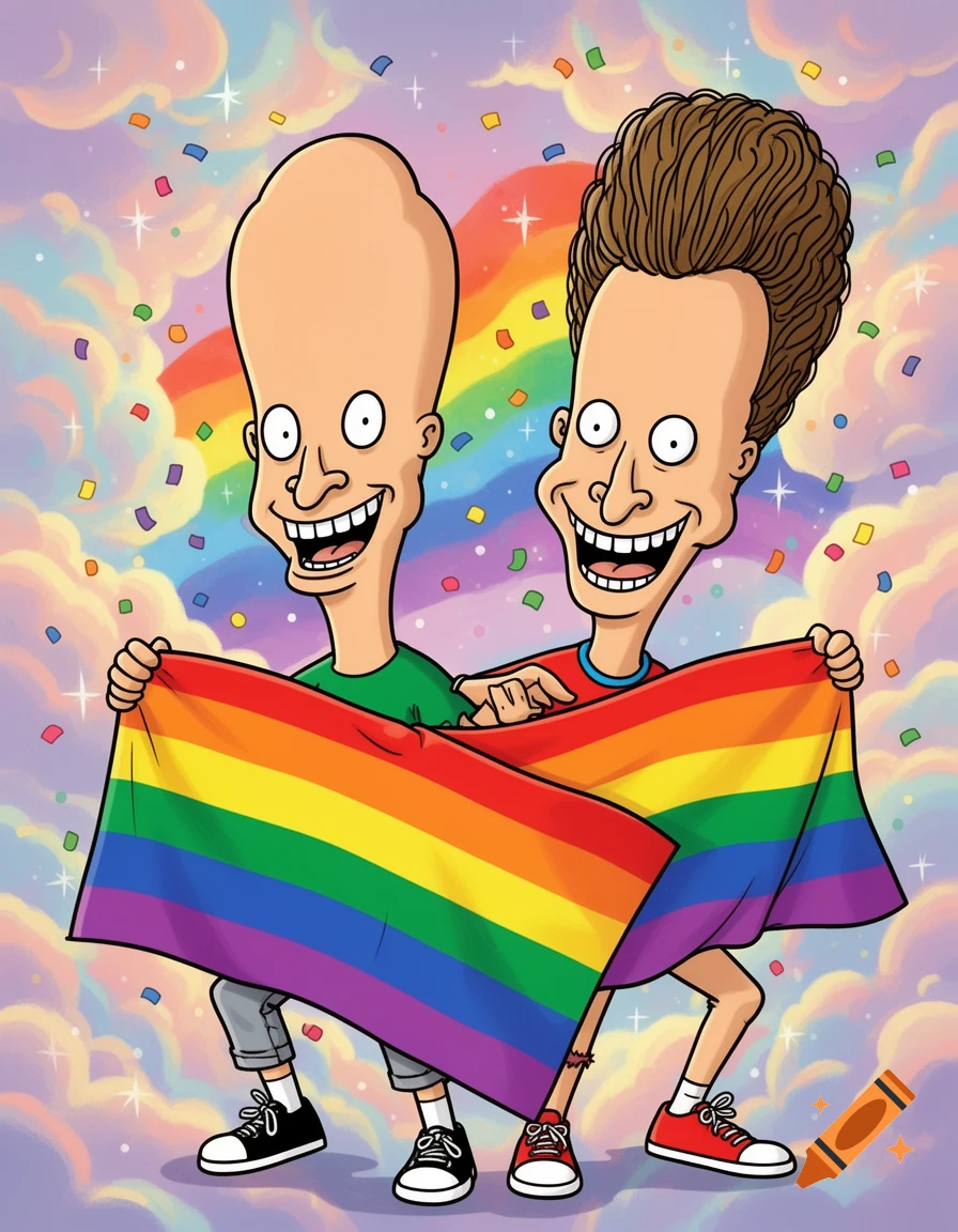 Beavis and Butt-Head, cartoon characters, holding a rainbow pride flag with confetti and clouds in the background.