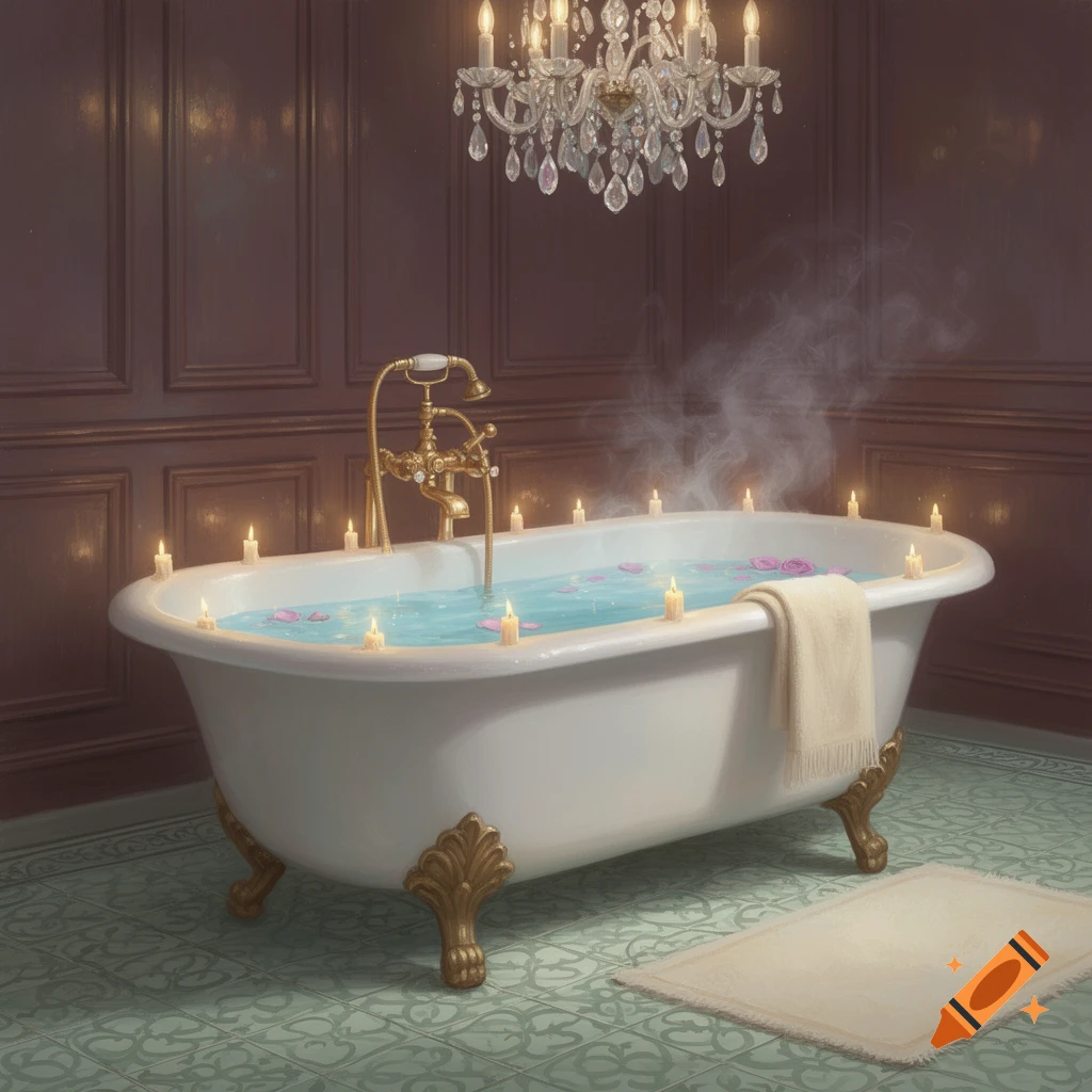 A luxurious clawfoot bathtub filled with blue water, rose petals, and lit candles, with steam rising in a dimly lit bathroom.