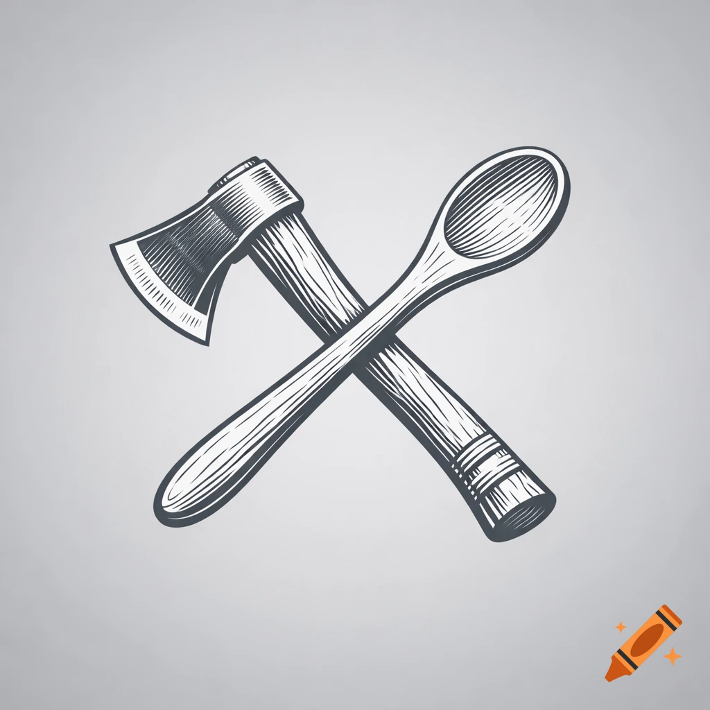 A dark grey line art logo features an axe and a wooden spoon crossed over each other, on a light grey background.