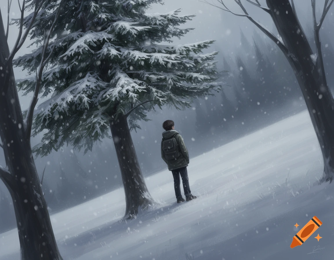Digital painting of a lone teenager in a winter forest, standing on a snowy hillside under an evergreen tree while snow falls.