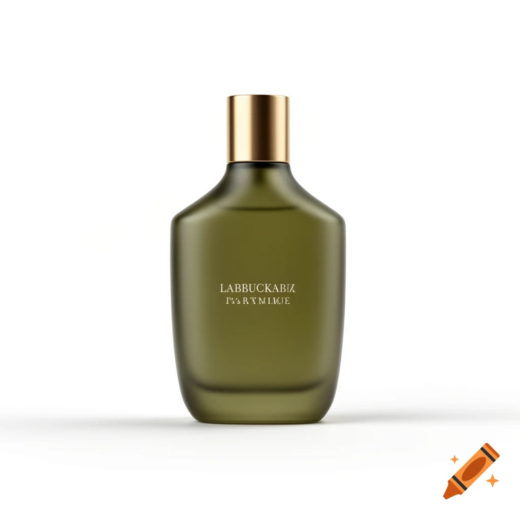 An olive green perfume bottle with a gold cap stands on a white background, featuring illegible text on its surface.