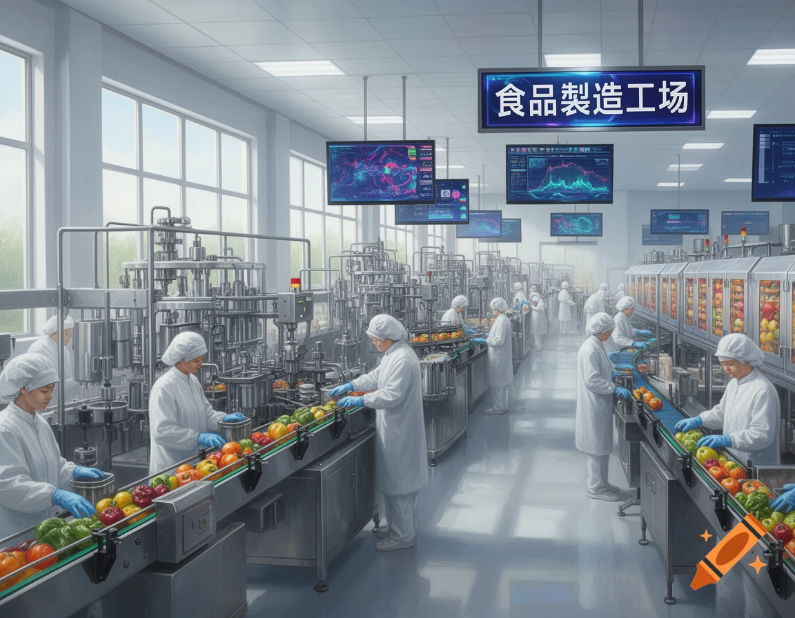Workers in white coats and blue gloves sort fresh produce on conveyor belts in a clean food manufacturing factory with a sign displaying 'Food Manufacturing Factory'.