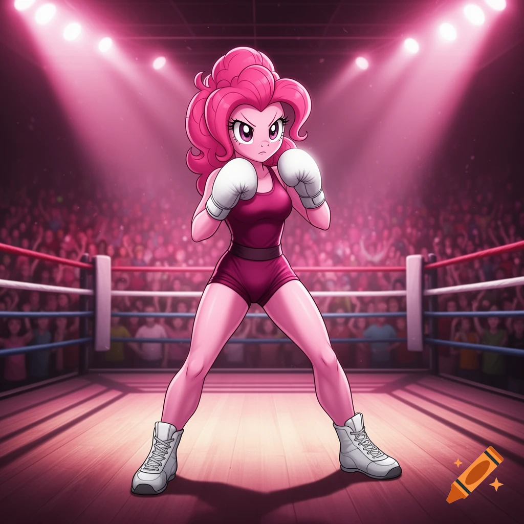 Pinkie Pie from MLP in a dark pink boxing outfit, white gloves, and shoes, standing defensively in a boxing ring with a crowd, anime realism style.