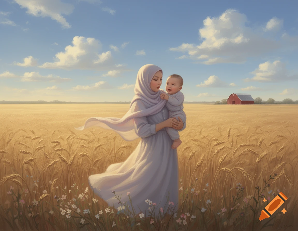A woman in a light purple hijab holds a baby in a golden wheat field with a red barn under a blue sky.
