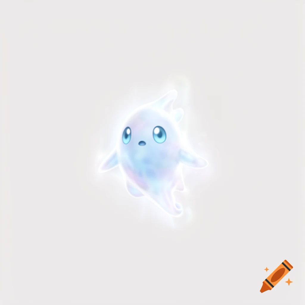 A cute, glowing, translucent ghost-like creature with big blue eyes floats on a white background.