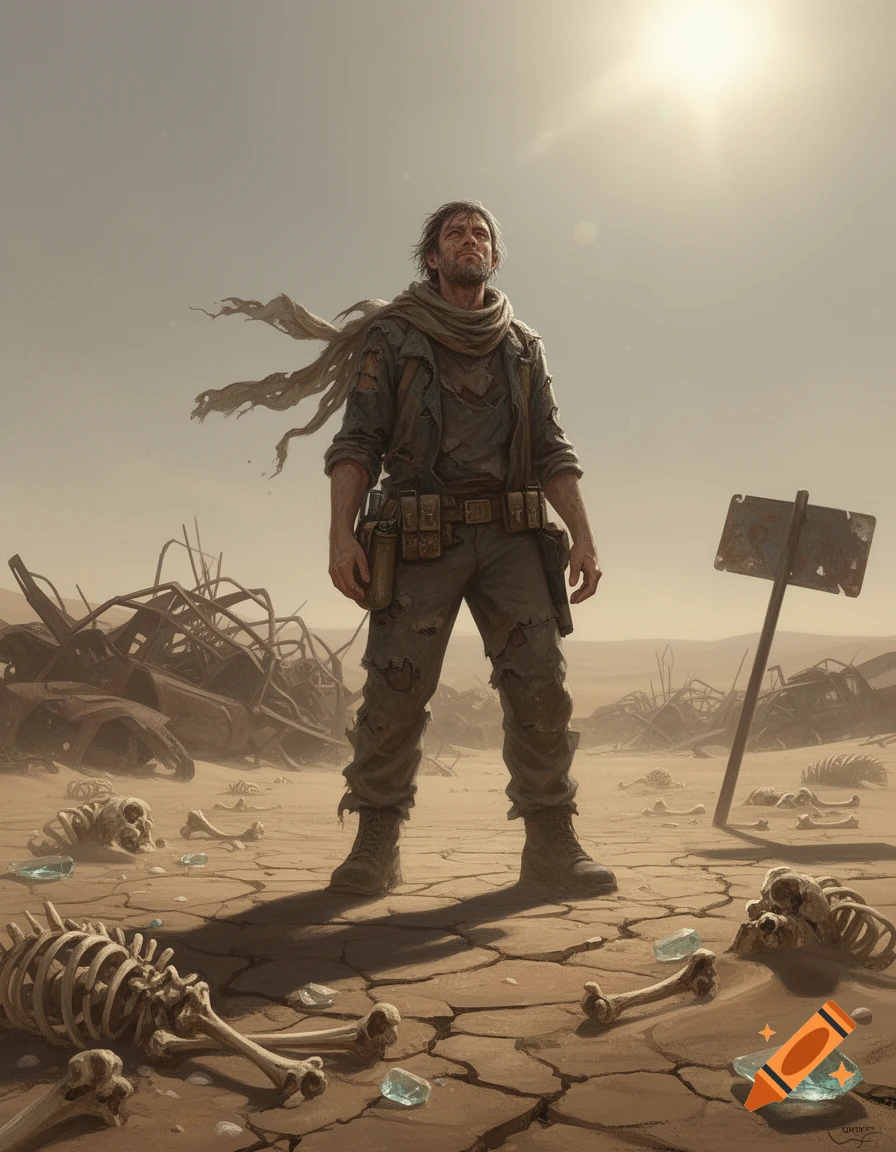 A lone survivor stands in a desolate, cracked desert landscape littered with skeletal remains and rusted debris under a bright sun.