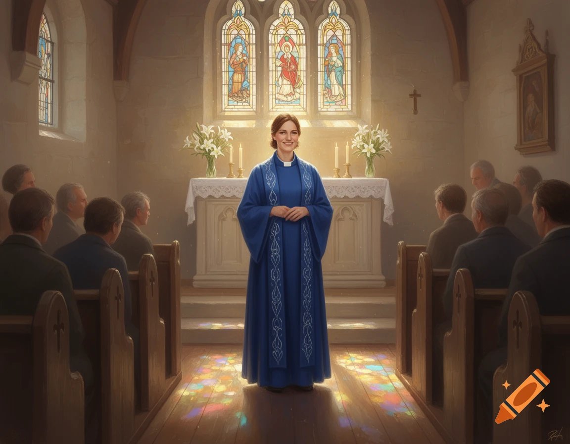 A female pastor in a blue robe stands smiling at the altar in a church with a congregation, stained glass windows behind her.