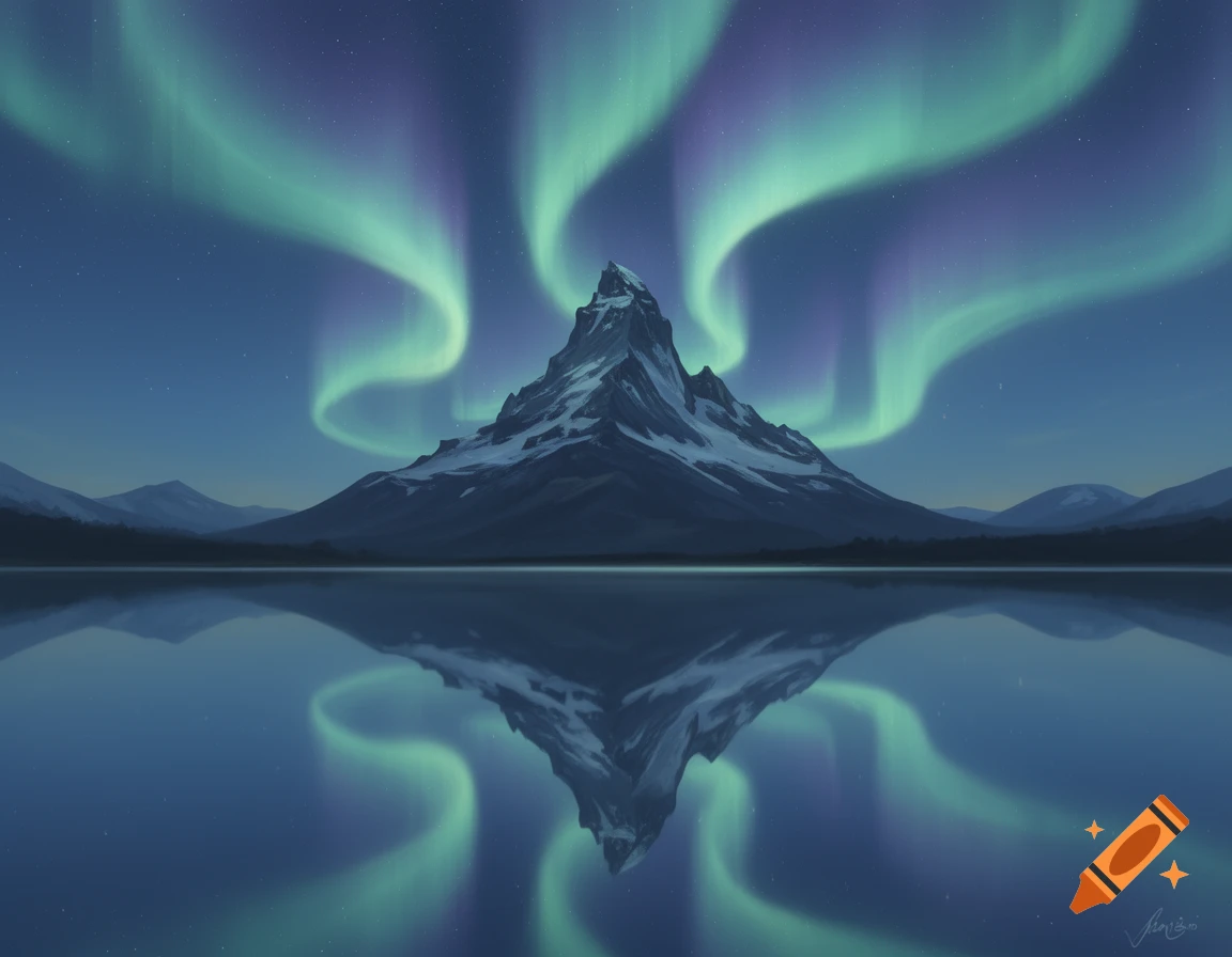 An illustrative painting of green and purple aurora borealis over a snow-capped mountain reflected in a still lake at night.