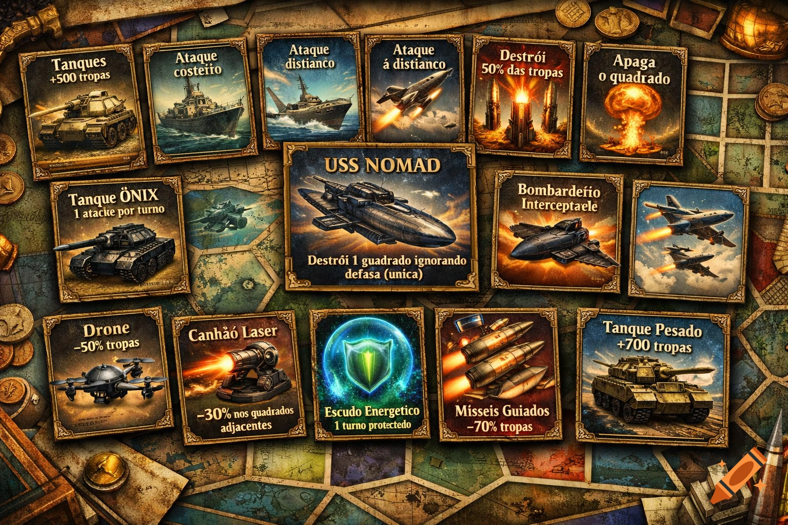 An overhead view of multiple vintage-style game cards featuring military units like tanks, ships, planes, drones, and weapons, set on a map-like surface with coins.