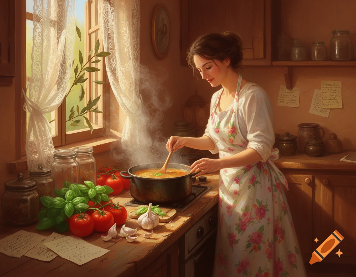 A woman stirring a pot on a stove in a sunlit rustic kitchen, with fresh basil, tomatoes, and garlic on the wooden counter.