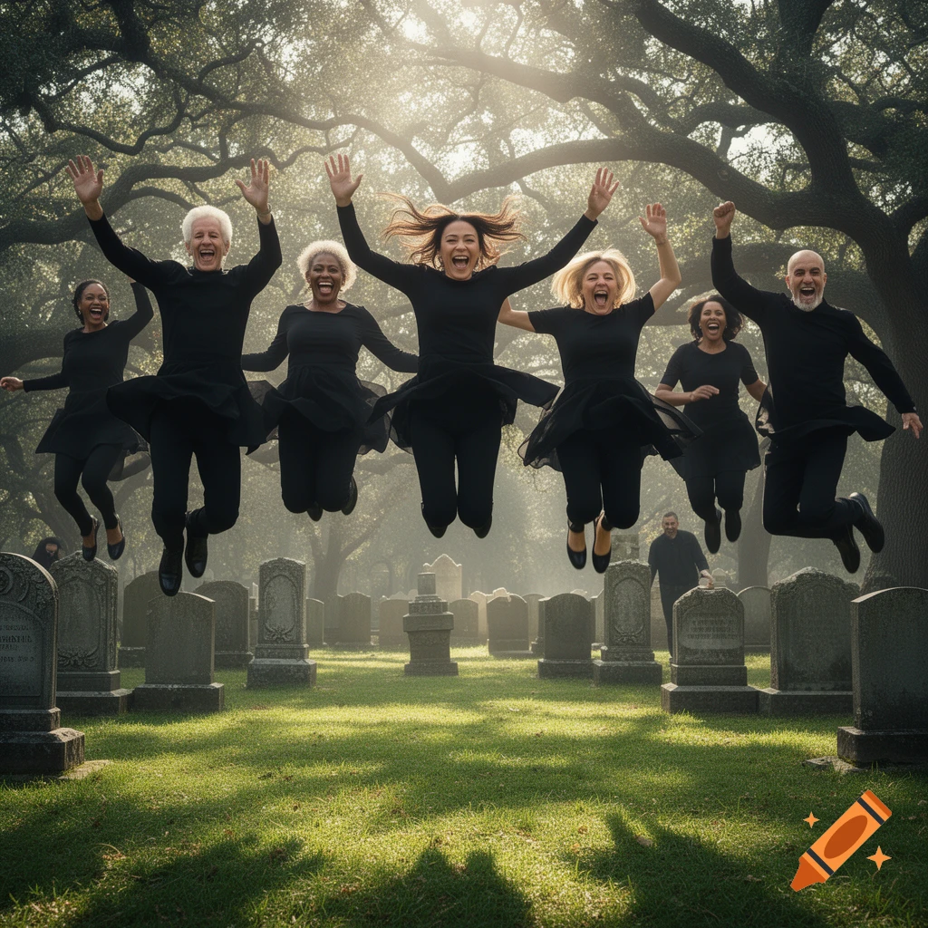A group of diverse adults dressed in black jump joyfully and cheer in a sunlit cemetery, a man stands in the background.