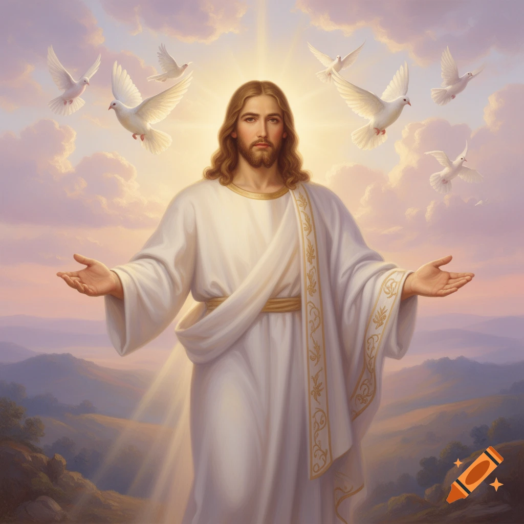 Jesus with outstretched hands, surrounded by white doves, stands against a bright, cloudy sky with mountains in the background in a painterly style.