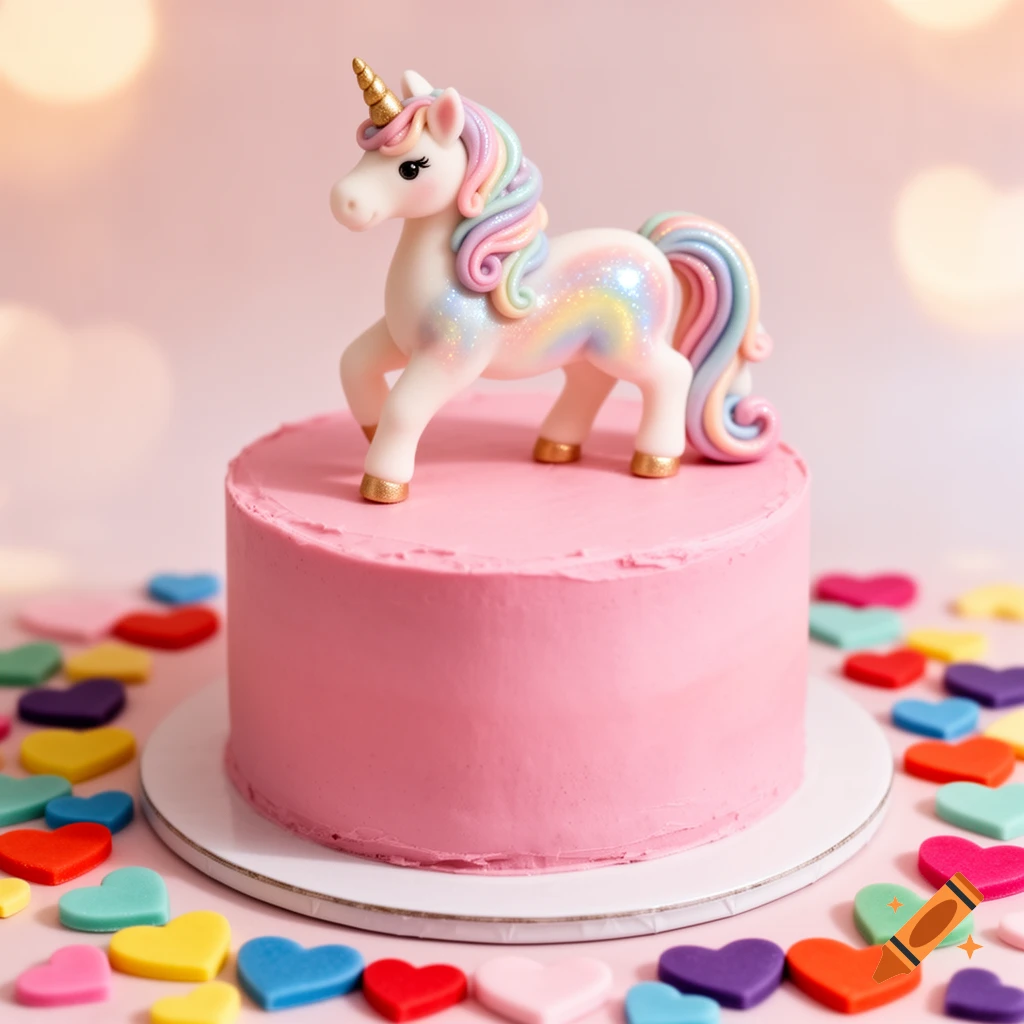 A pink birthday cake topped with a white unicorn figurine with a rainbow mane and tail, surrounded by colorful heart candies on a pink background.